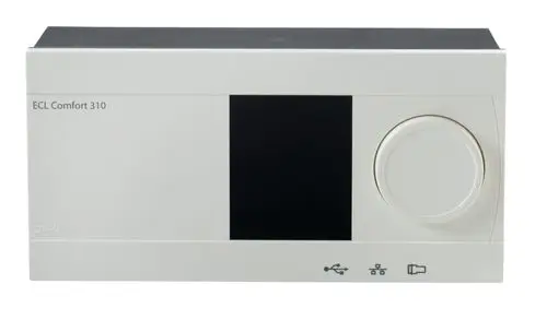 Weißer elektronischer Regler von Danfoss mit einem Drehknopf und mehreren Symbolen auf der Vorderseite, für die Steuerung von Heizungs- oder Klimaanlagen.